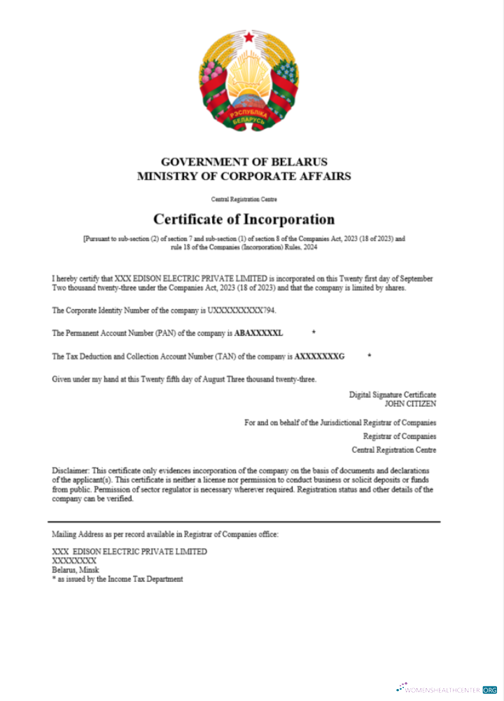 Download Belarus certificate of registration Word and PDF template Photoshop template